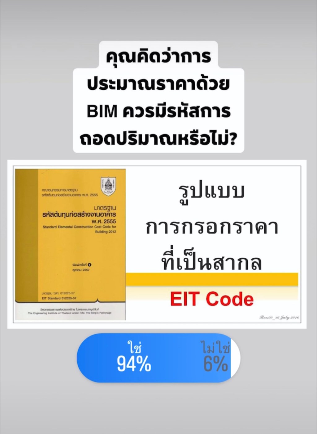 ผลโพล: คุณคิดว่าการประมาณราคาด้วย BIM ควรมีรหัสการถอดปริมาณหรือไม่?